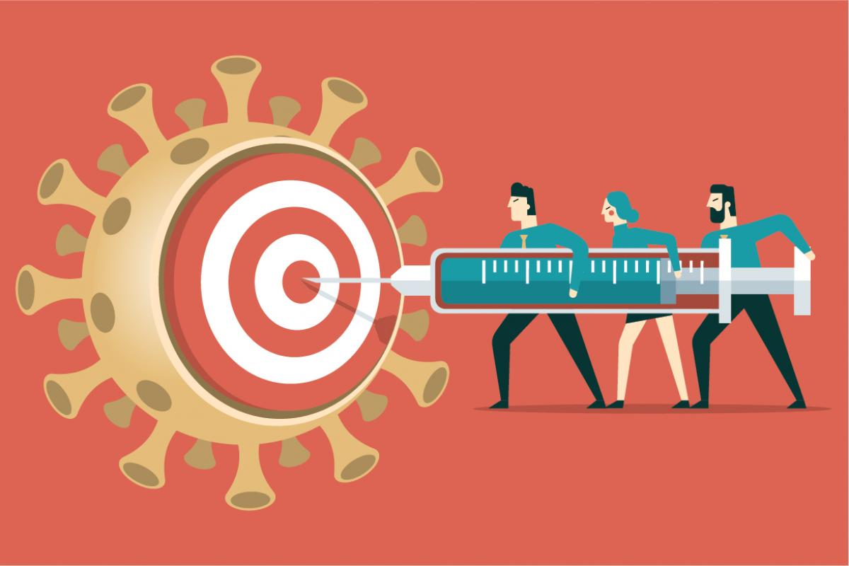 Graphic of three people using a vaccine syringe to aim at a bullseye on the COVID virus