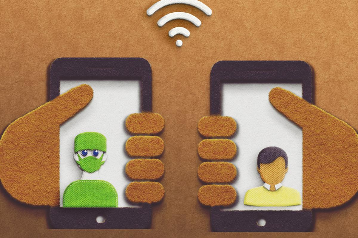 Two hands holding cell phones made from felt fabric, screens displaying a patient and physician