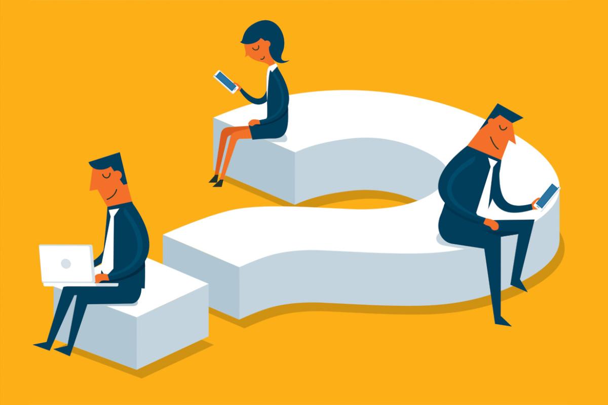 Illustration of a large question mark with three people sitting on it while viewing their cell phone or laptop
