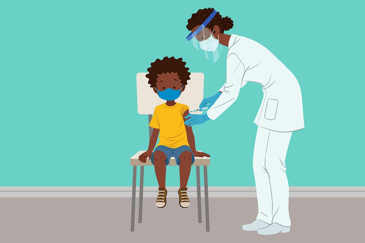 Illustration of young child sitting on a chair while getting a vaccine from a health professional; child wearing mask, and health professional wearing mask and face shield