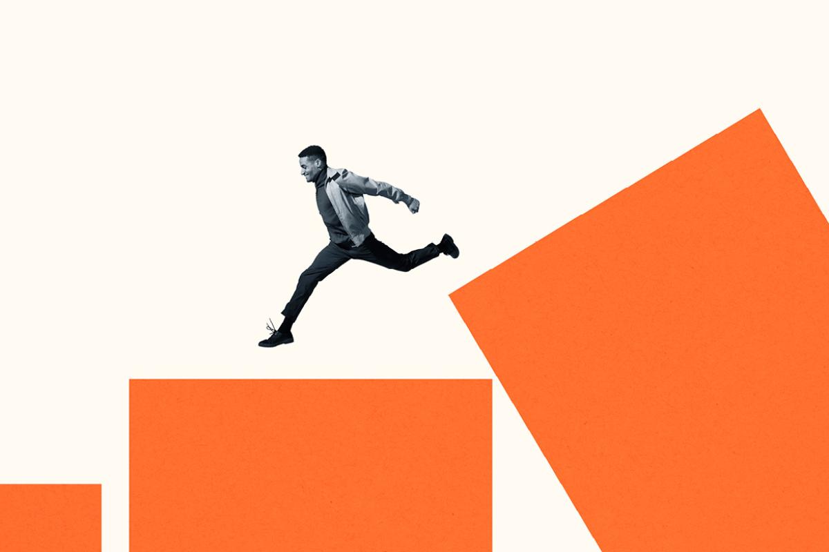 Figure leaping down a bar chart