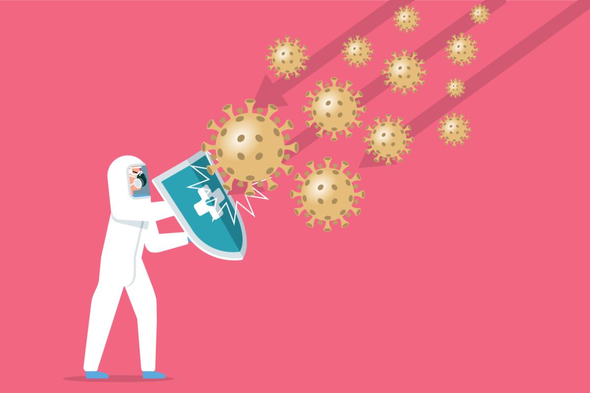 Health care worker with a shield fending off infections