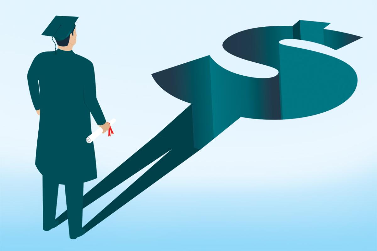 Graduate in front of a dollar sign