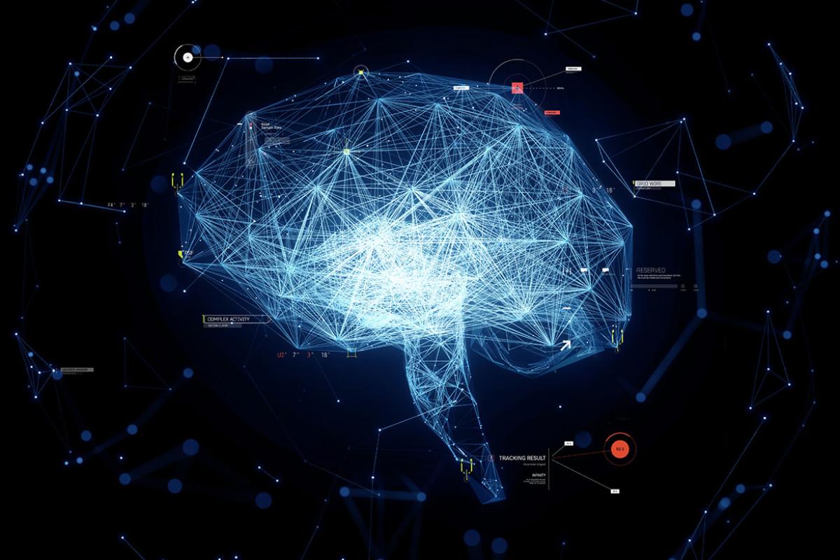 Digital generated image of plexus style glowing net data brain