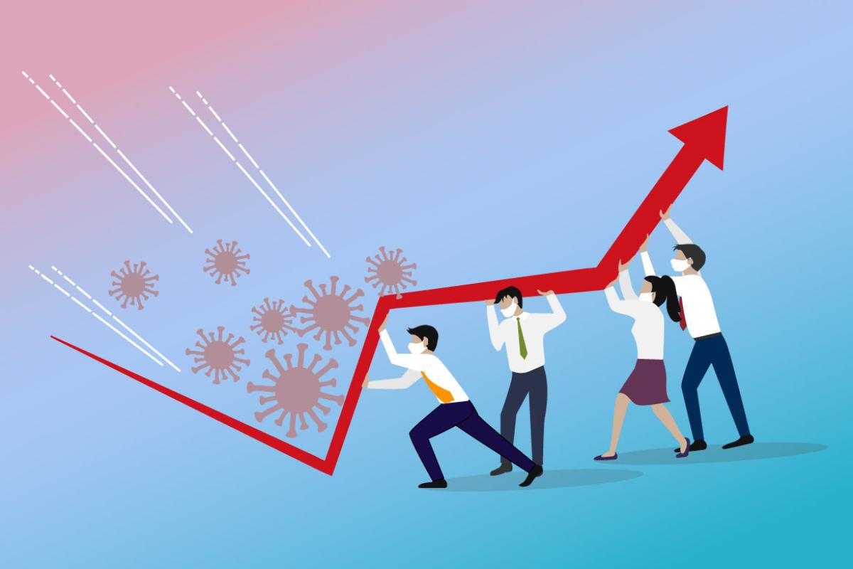 Illustration of four figures holding an upward trending arrow