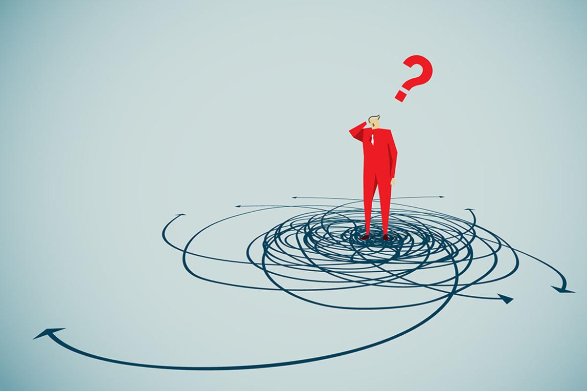 Illustration of man deciding on which path to go on