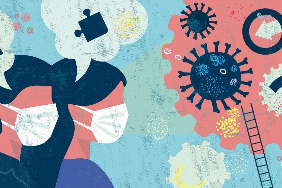 Profiles of two masked figures looking at solutions depicting coronavirus