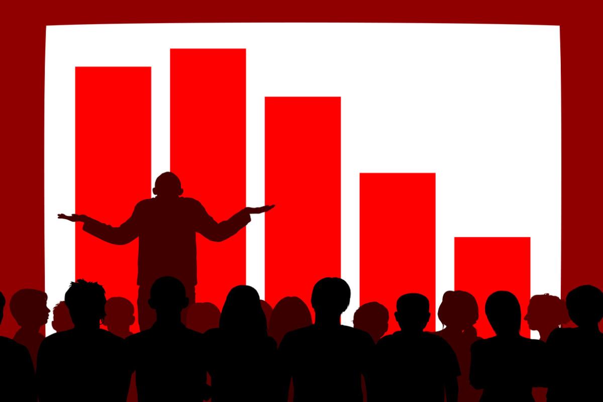 Illustration of a person shrugging at a bar chart
