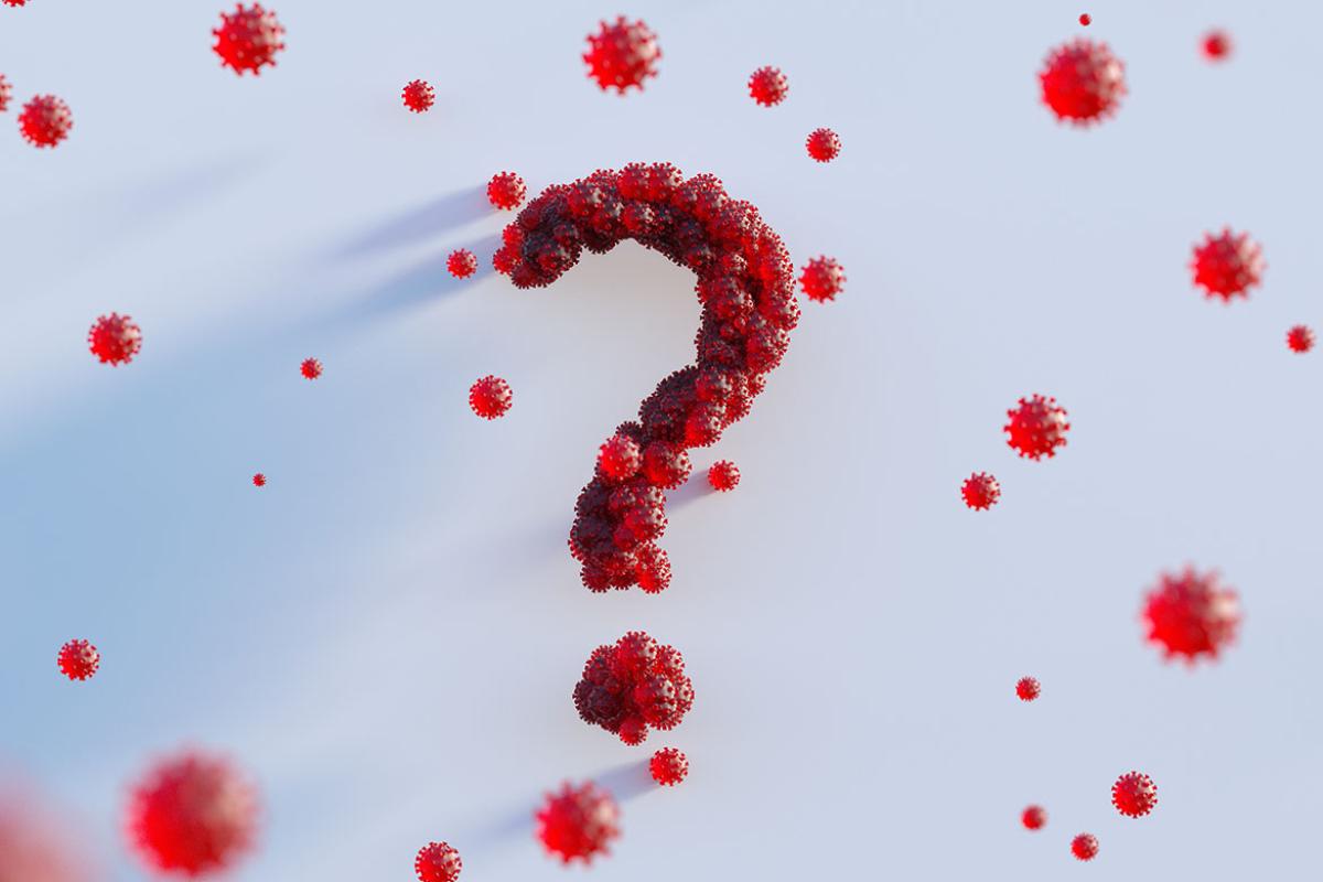 COVID-19 cells connecting together and forming question mark 