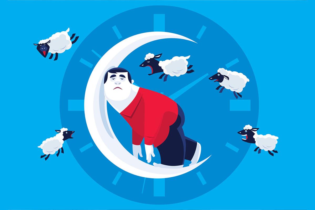 Sleepless person leaning on crescent moon
