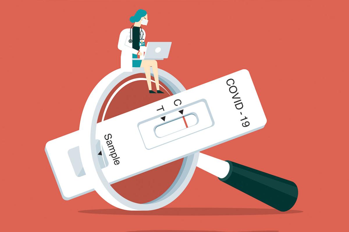 Covid-19 test in the middle of a magnifying lens with a physician sitting near the top