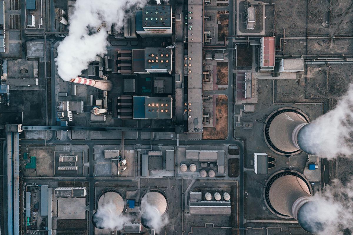 Aerial view of power station at sunset