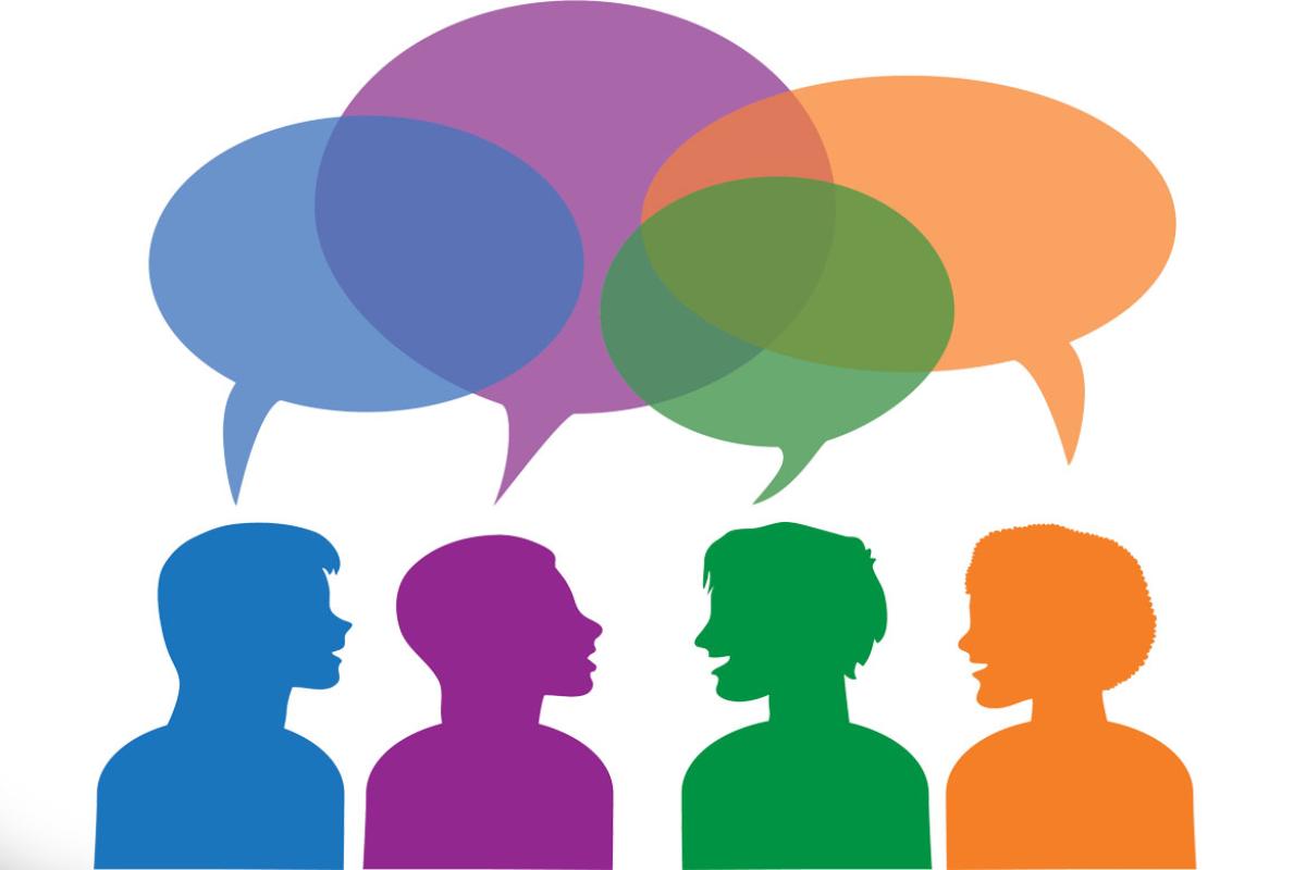 Group of figures with speech bubbles overlapping