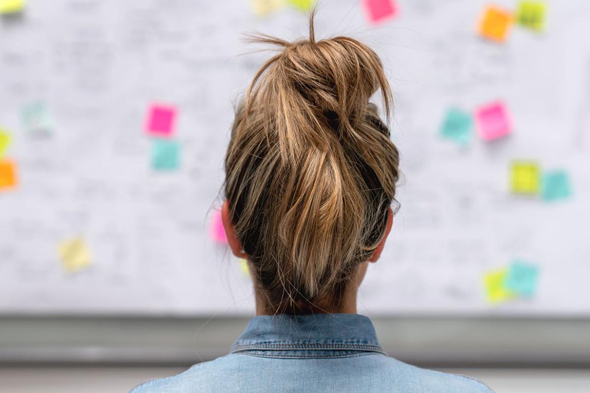 Person looking at a dry erase board