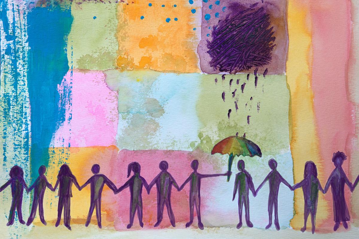 Group of people holding hands and offering assistance to a person in need