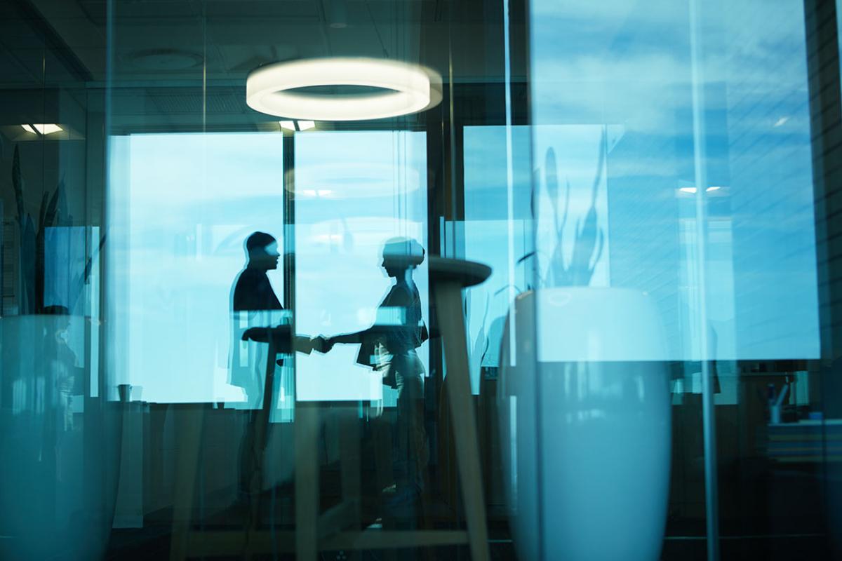 Two people shaking hands in an office setting