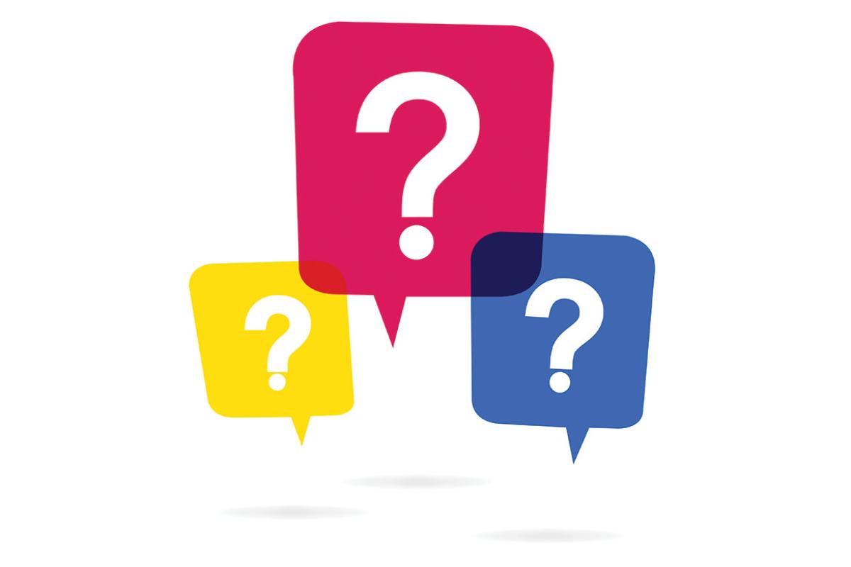 Three question marks in speech bubbles