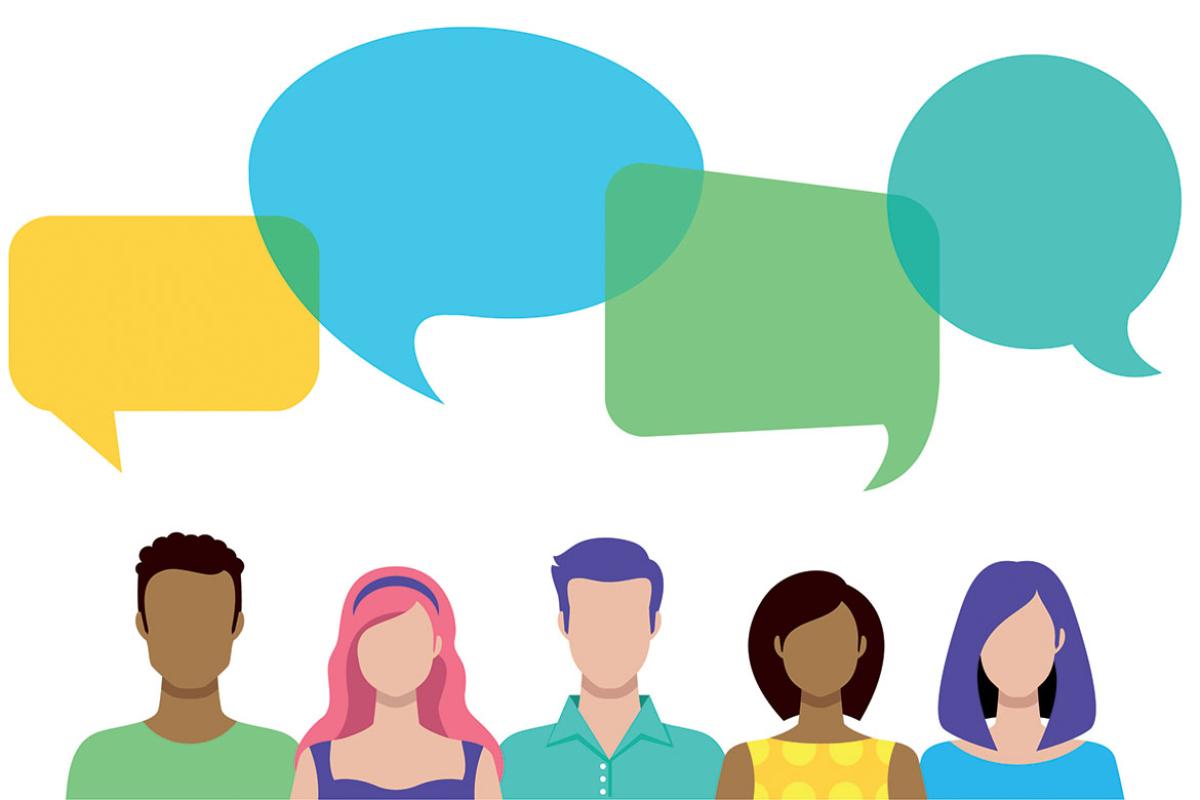 Diverse group of figures with empty speech bubbles above their heads