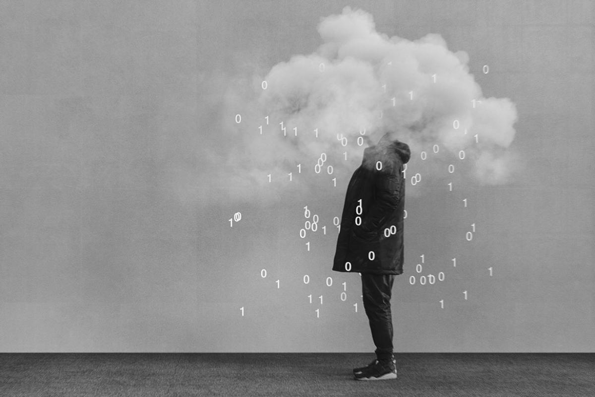Figure with their head covered in clouds of data
