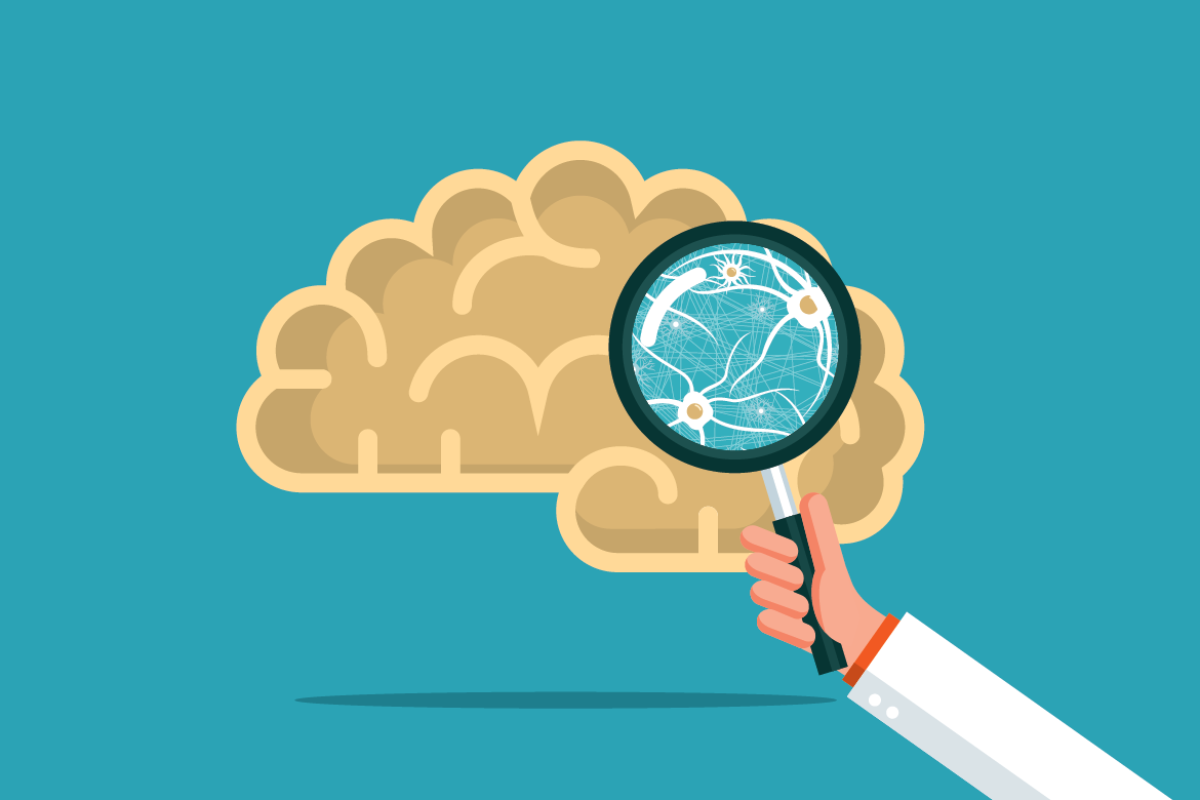 Magnifying glass held over illustration of brain neurons