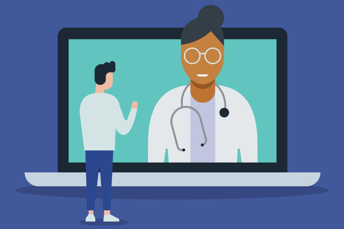 Telemedicine doctor visit with giant laptop computer