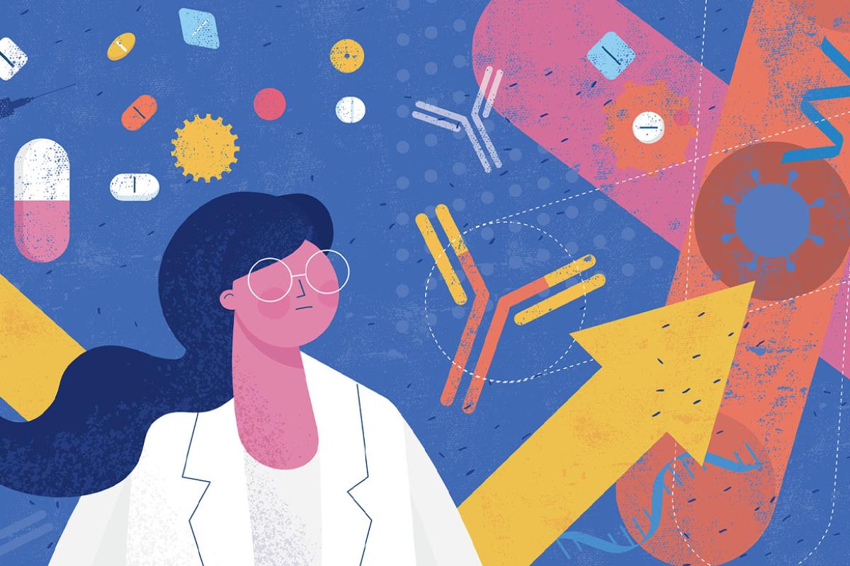 Graphic of female envisioning pharmaceutical and biochemistry symbols