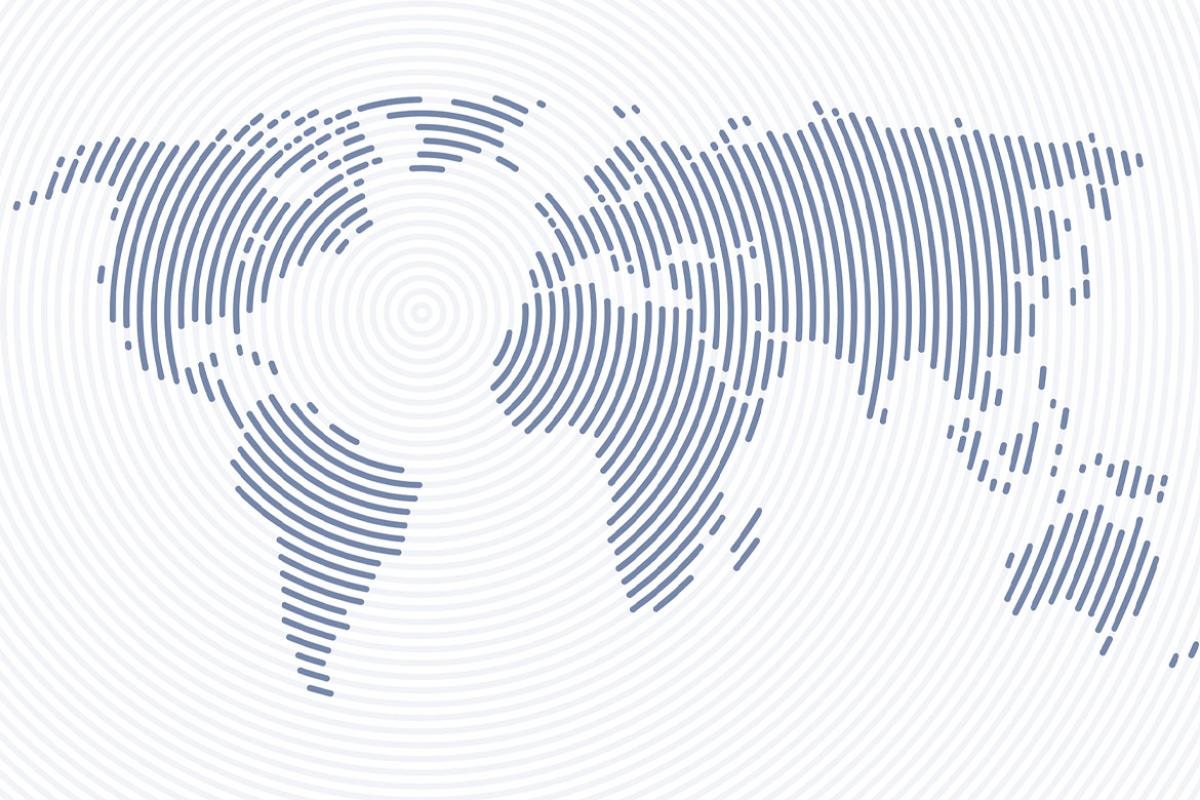 World map with lines rippling out showing continents