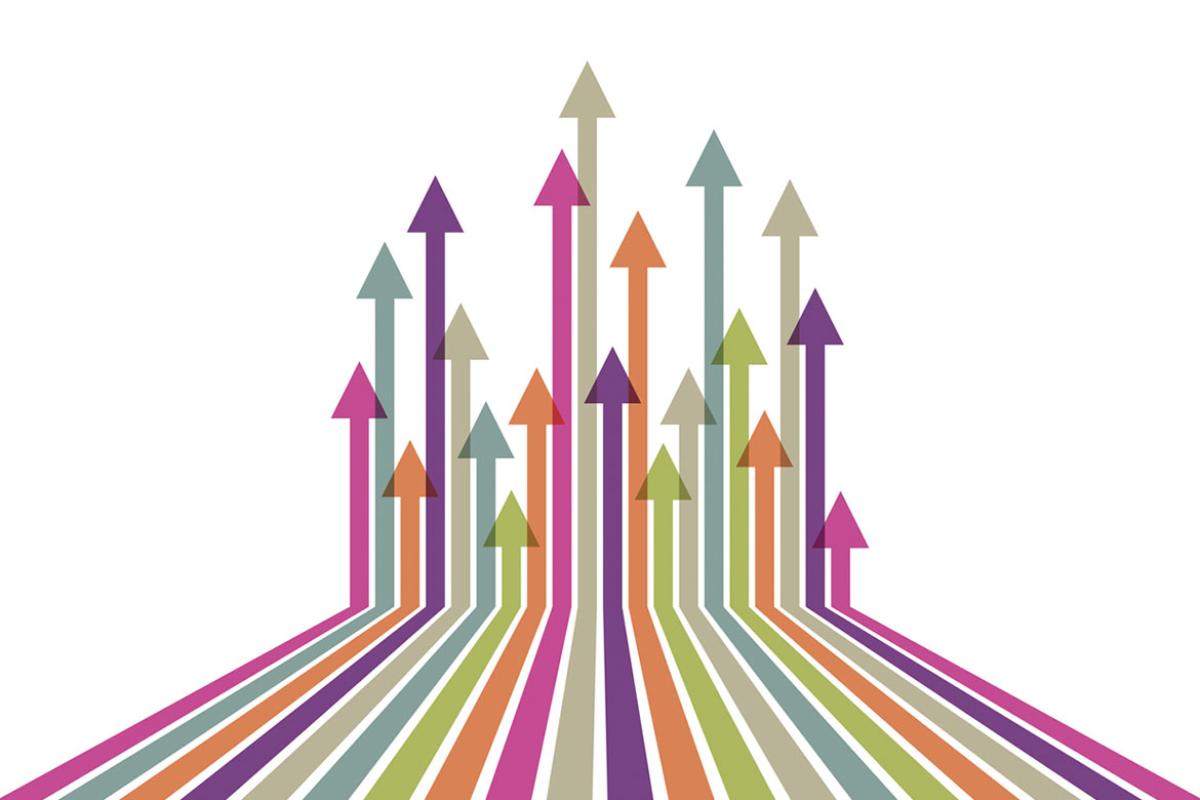 Colorful arrows in perspective going from bottom to the top