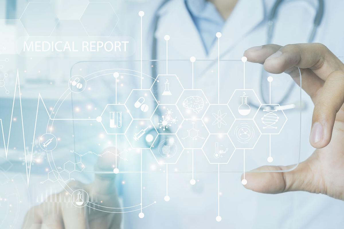 Hand scrolling through a medical report analysis on a virtual screen