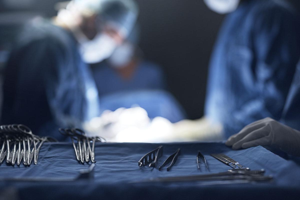 Tray of surgical equipment in an operating room