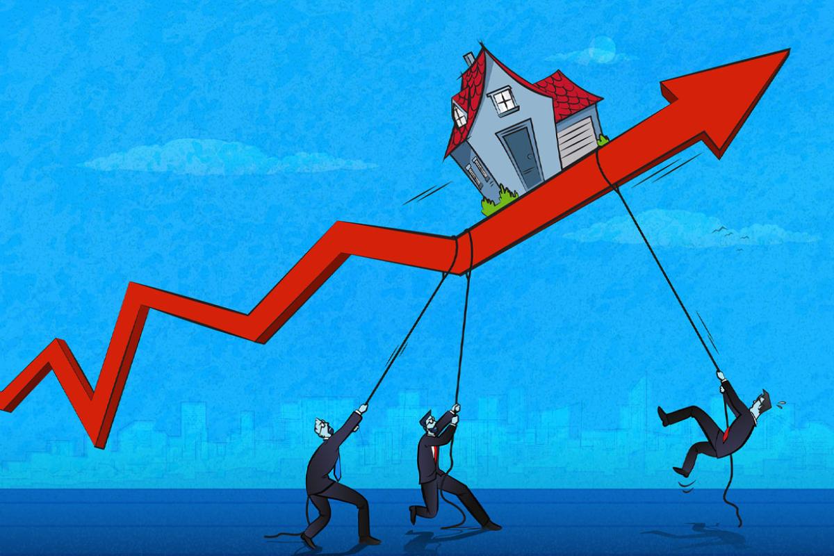 Figures holding rope attached to up arrow with a house on top