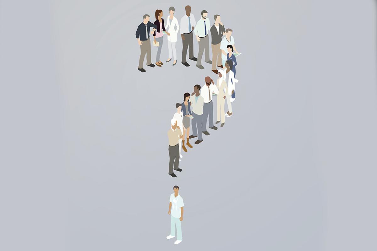 Figures standing in a question mark