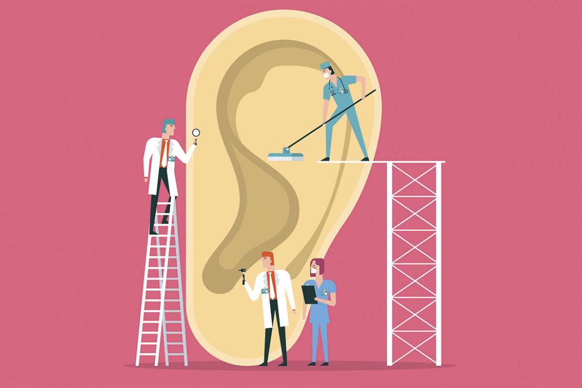Figures surround a giant ear