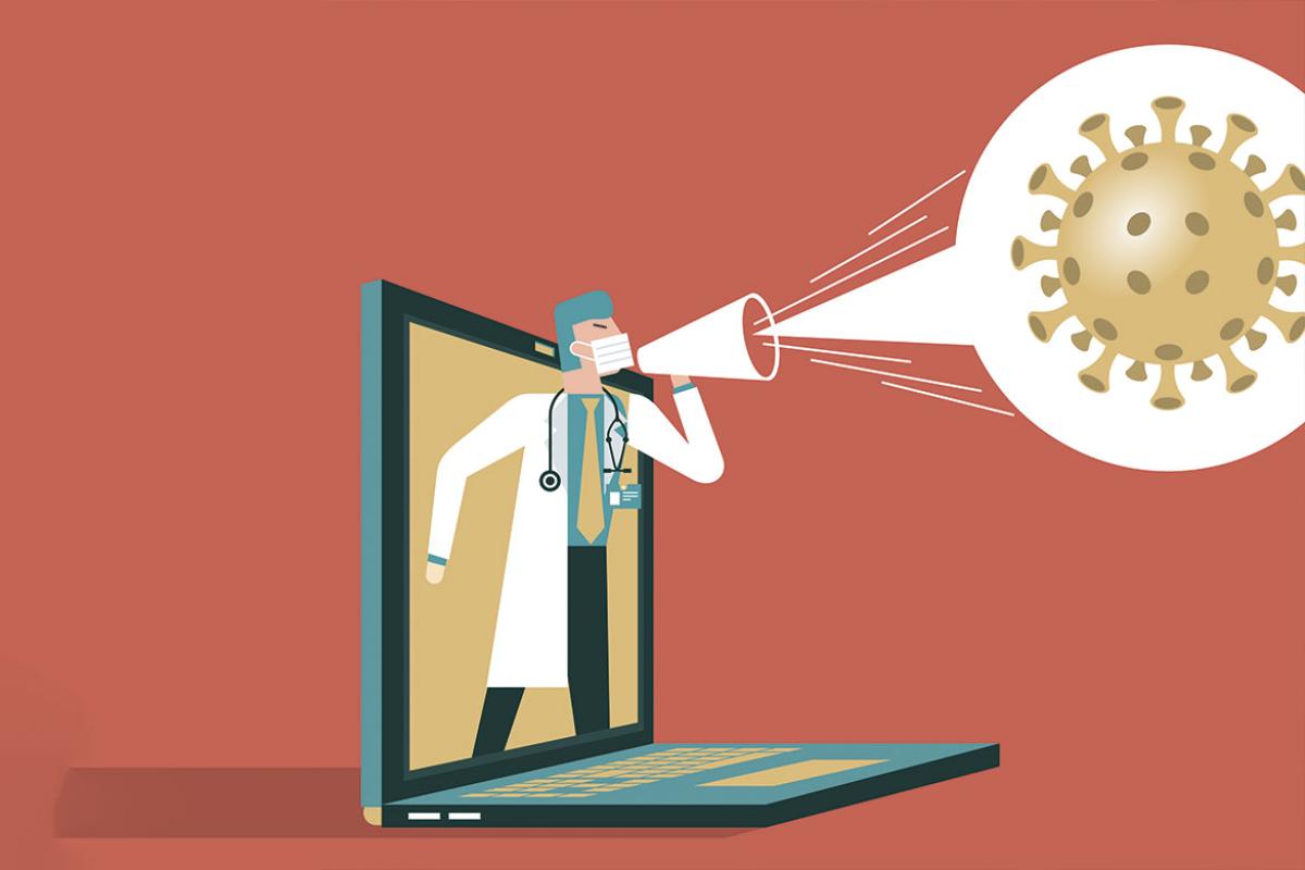 Health care worker holds a megaphone with a COVID virus in a speech balloon