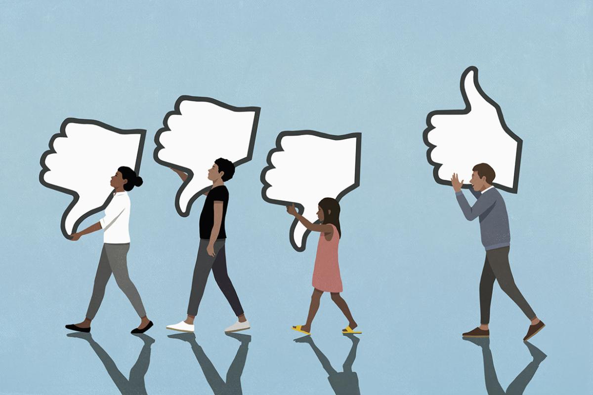Like and dislike buttons over people walking