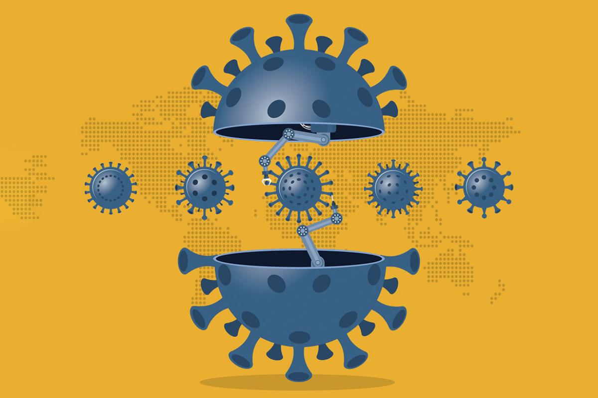 Coronavirus with gears separated by smaller coronavirus icons