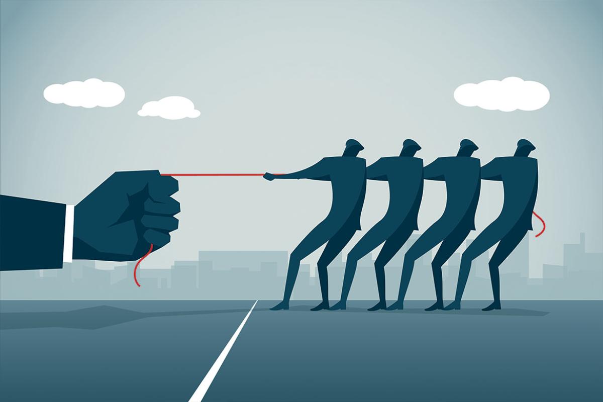 Four figures pulling a rope from a giant hand