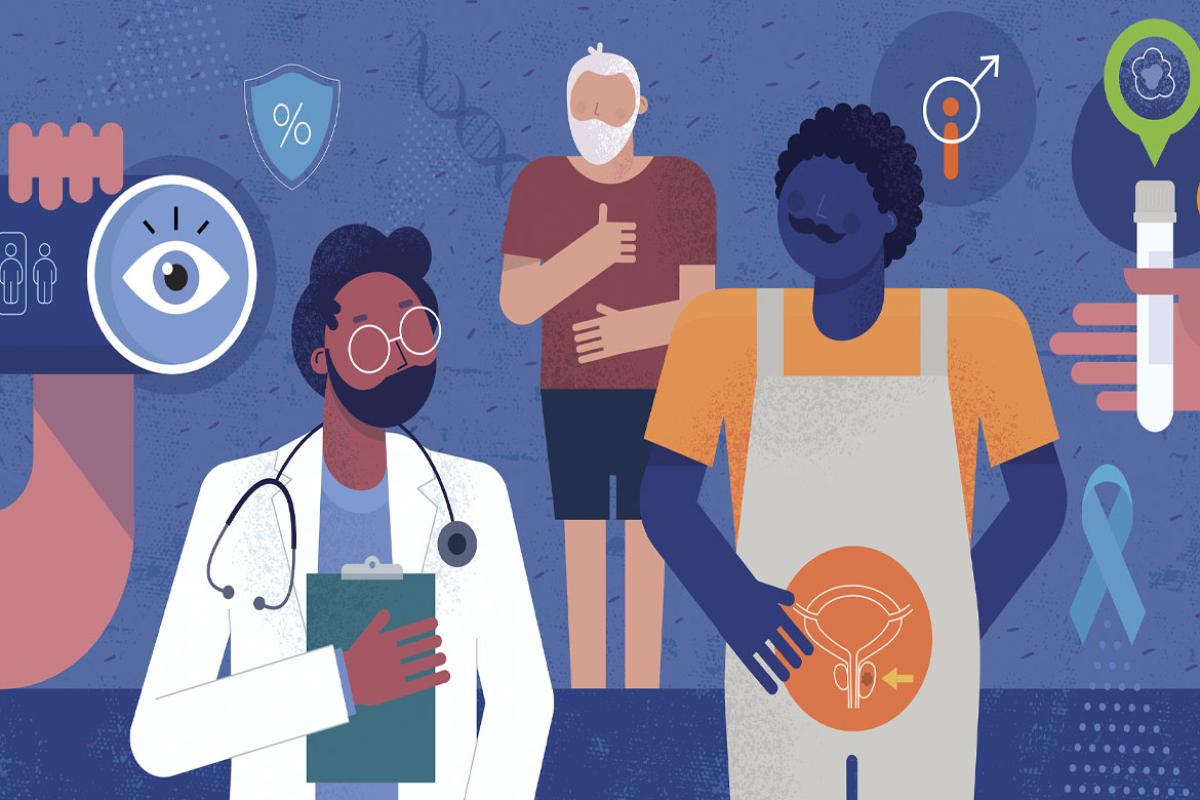 Two male figures with doctor, surrounded by symbols representing prostate cancer