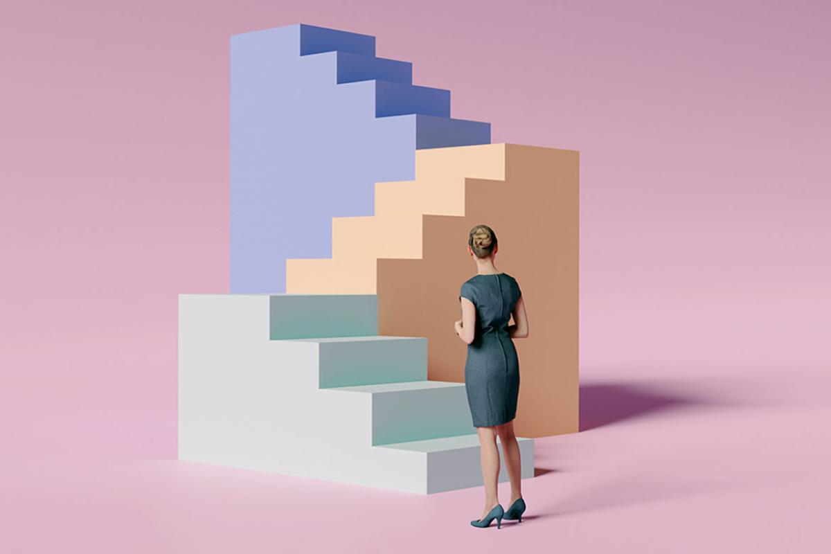 Figure in front of a series of staircases