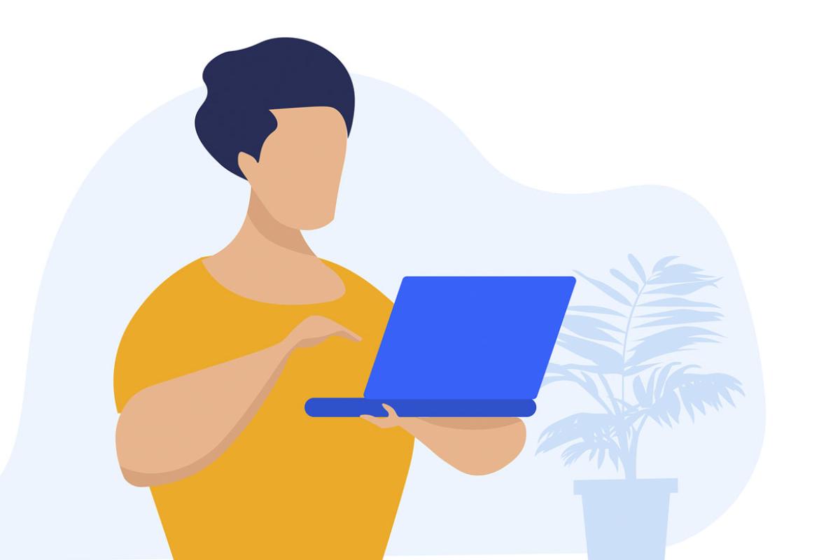 Figure holding a laptop