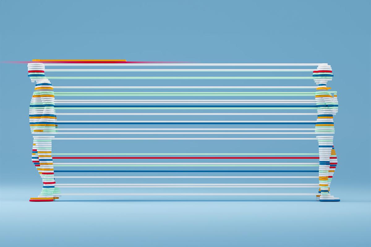 Two standing figures connected by various vertical lines