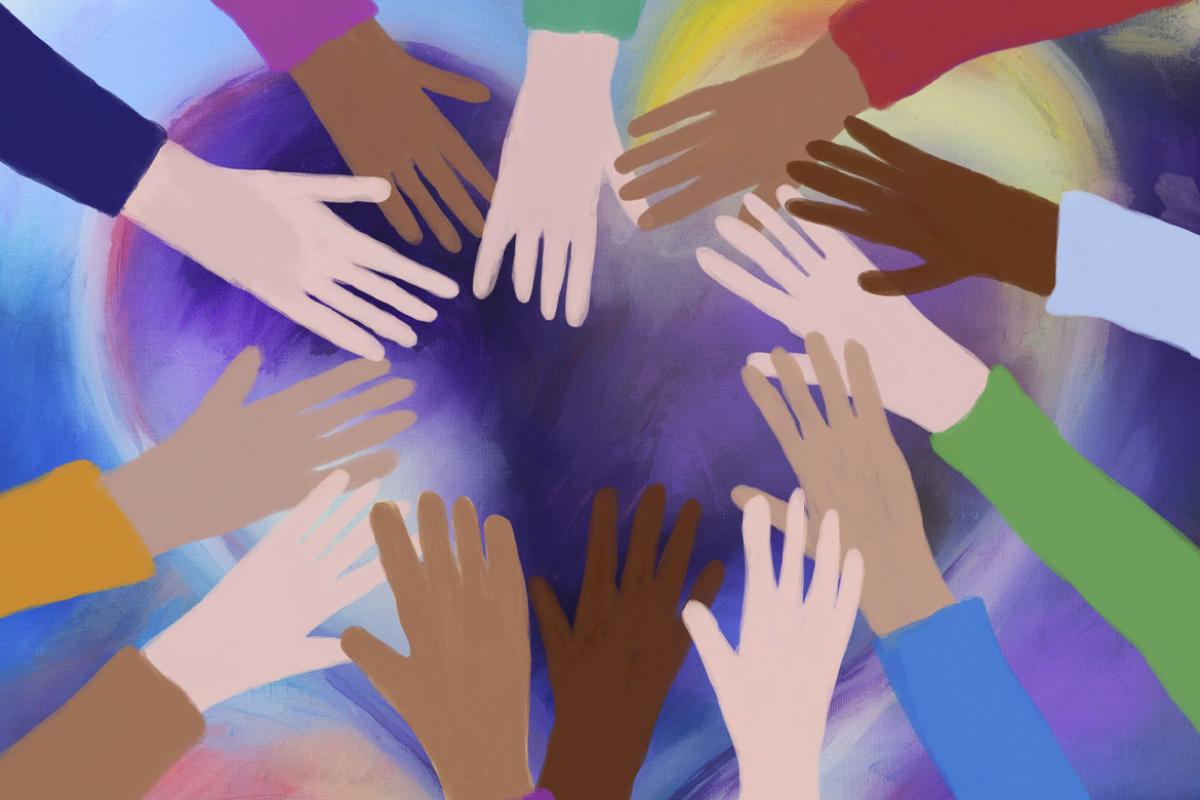 Illustration of diverse group of hands over heart