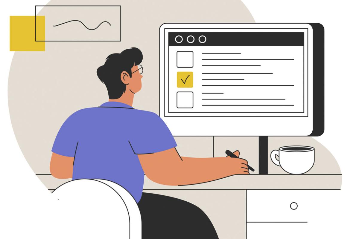 Figure at computer taking an online exam