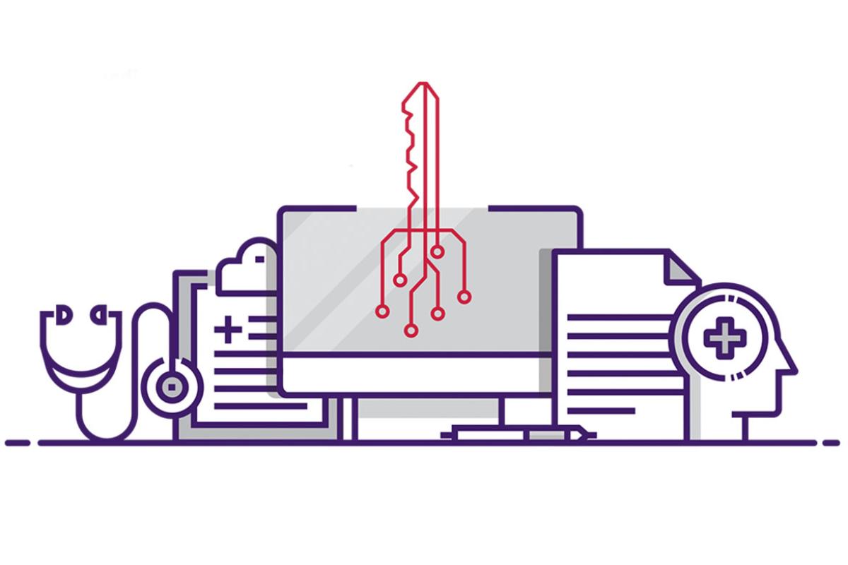 IT security key on computer monitor with health care icons and clipboard, documents