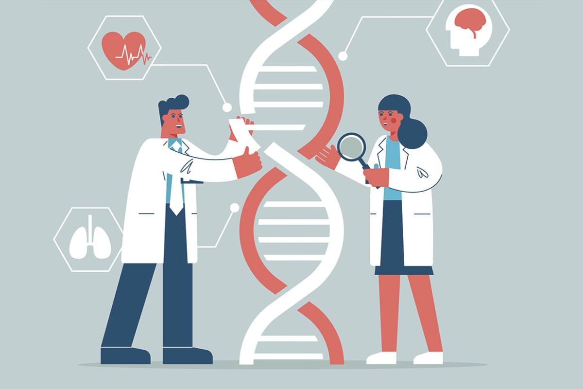 Two figures examining DNA surrounded by health icons