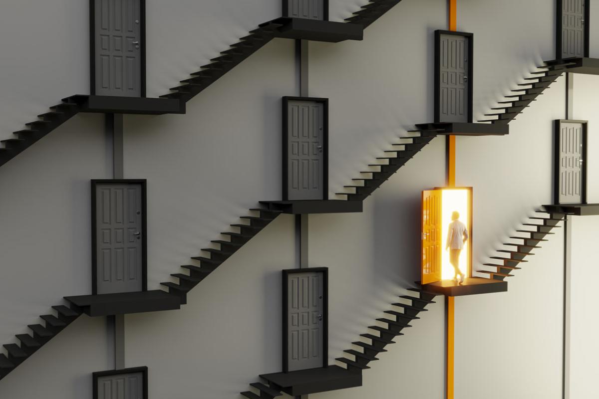 Abstract staircases and doors, one door is open and a figure is walking in