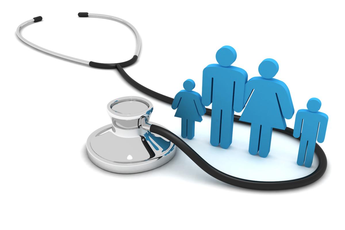 Figures making up a family surround a stethoscope