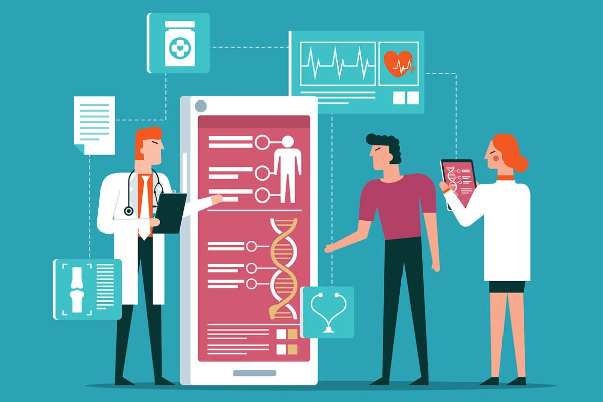 Three figures use an oversized medical app, surrounded by health care icons and charts