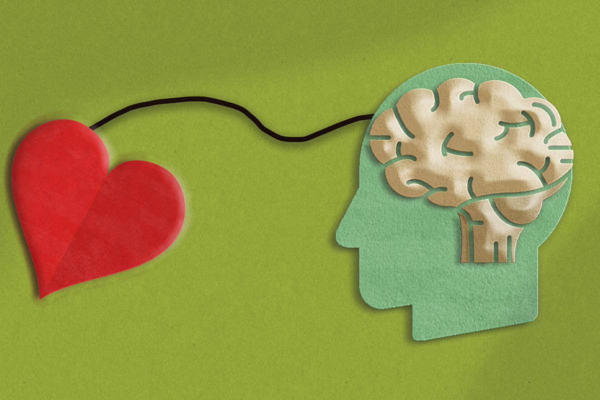 Brain and red heart connected by a string
