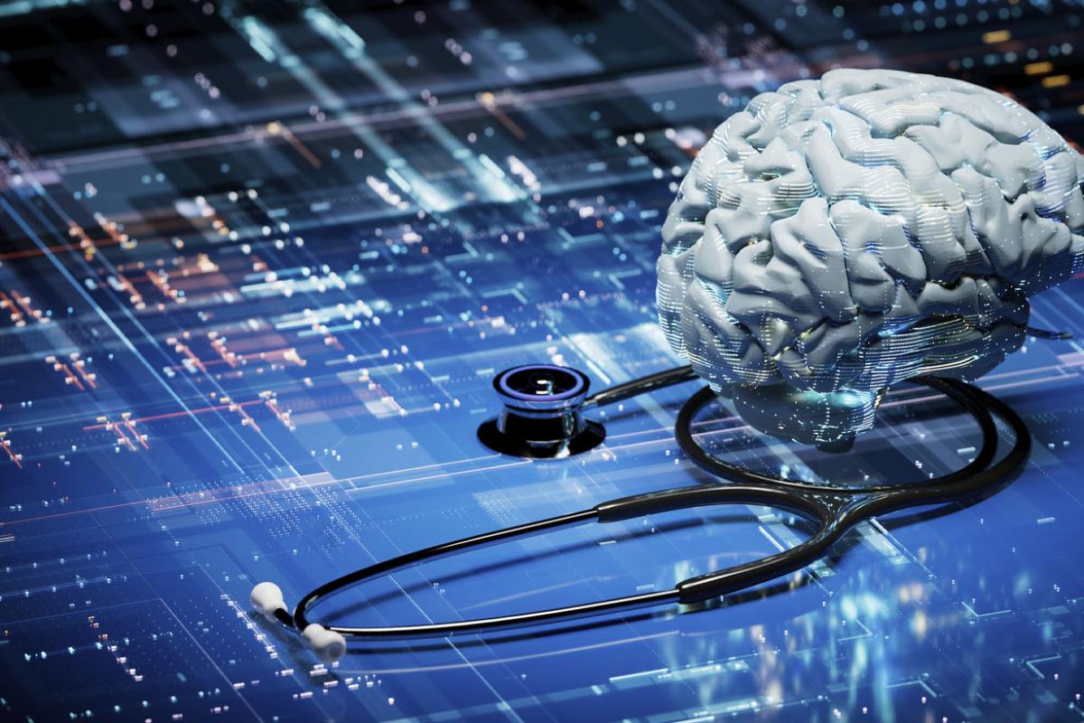 Brain surrounded by stethoscope and data